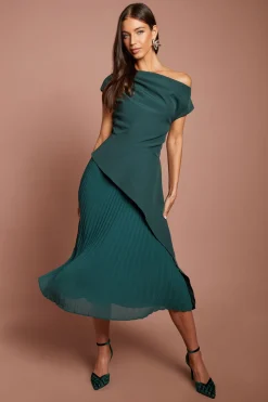Robe Midi Épaules Dénudées À Détail Cascade Et Jupe Plissée