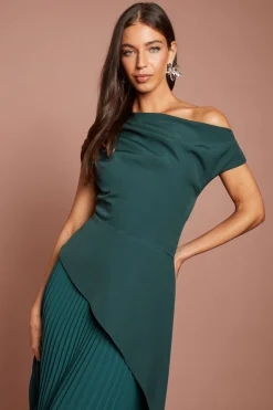 Robe Midi Épaules Dénudées À Détail Cascade Et Jupe Plissée