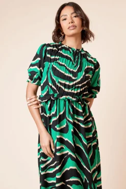 Robe Midi Peplum à Manches Bouffantes et Bustier Froncé Imprimé Zèbre