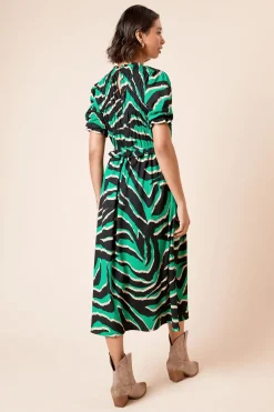 Robe Midi Peplum à Manches Bouffantes et Bustier Froncé Imprimé Zèbre