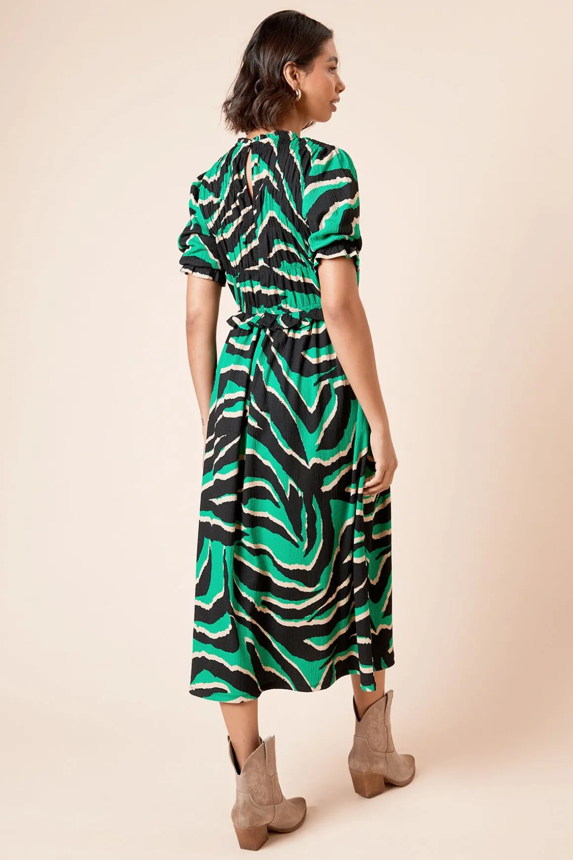 Robe Midi Peplum à Manches Bouffantes et Bustier Froncé Imprimé Zèbre
