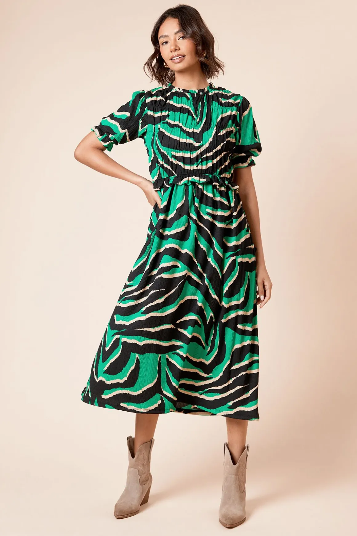 Robe Midi Peplum à Manches Bouffantes et Bustier Froncé Imprimé Zèbre