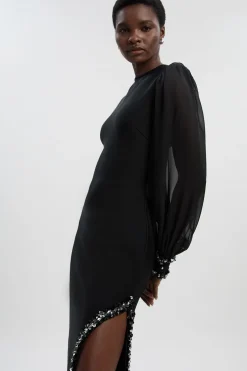 Robe Midi Petite Ajustée avec Manches en Mousseline et Détails Brodés