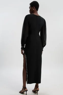 Robe Midi Petite Ajustée avec Manches en Mousseline et Détails Brodés