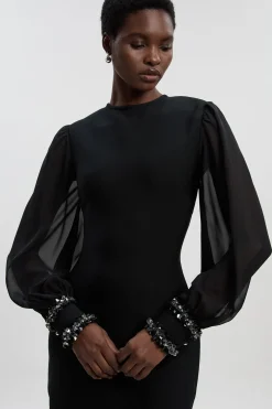 Robe Midi Petite Ajustée avec Manches en Mousseline et Détails Brodés
