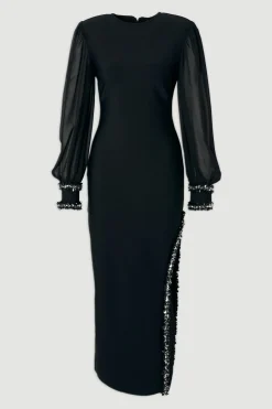 Robe Midi Petite Ajustée avec Manches en Mousseline et Détails Brodés