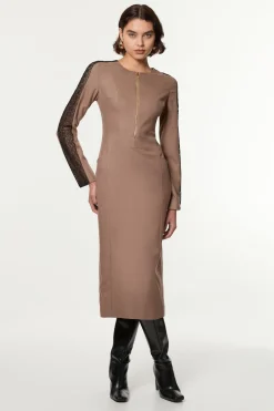 KarenMillen Robe midi Petite ajustée en sergé et mélange de dentelle avec zip sur le devant<Femme Tailleurs|Robes Mi-Longues