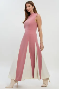 Robe Midi Petite Ajustée Extensible à Blocs de Couleur et Jupe Évasée