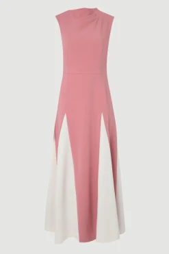 Robe Midi Petite Ajustée Extensible à Blocs de Couleur et Jupe Évasée