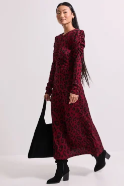 Robe Midi Petite Berry Léopard avec Détail Trou de Serrure