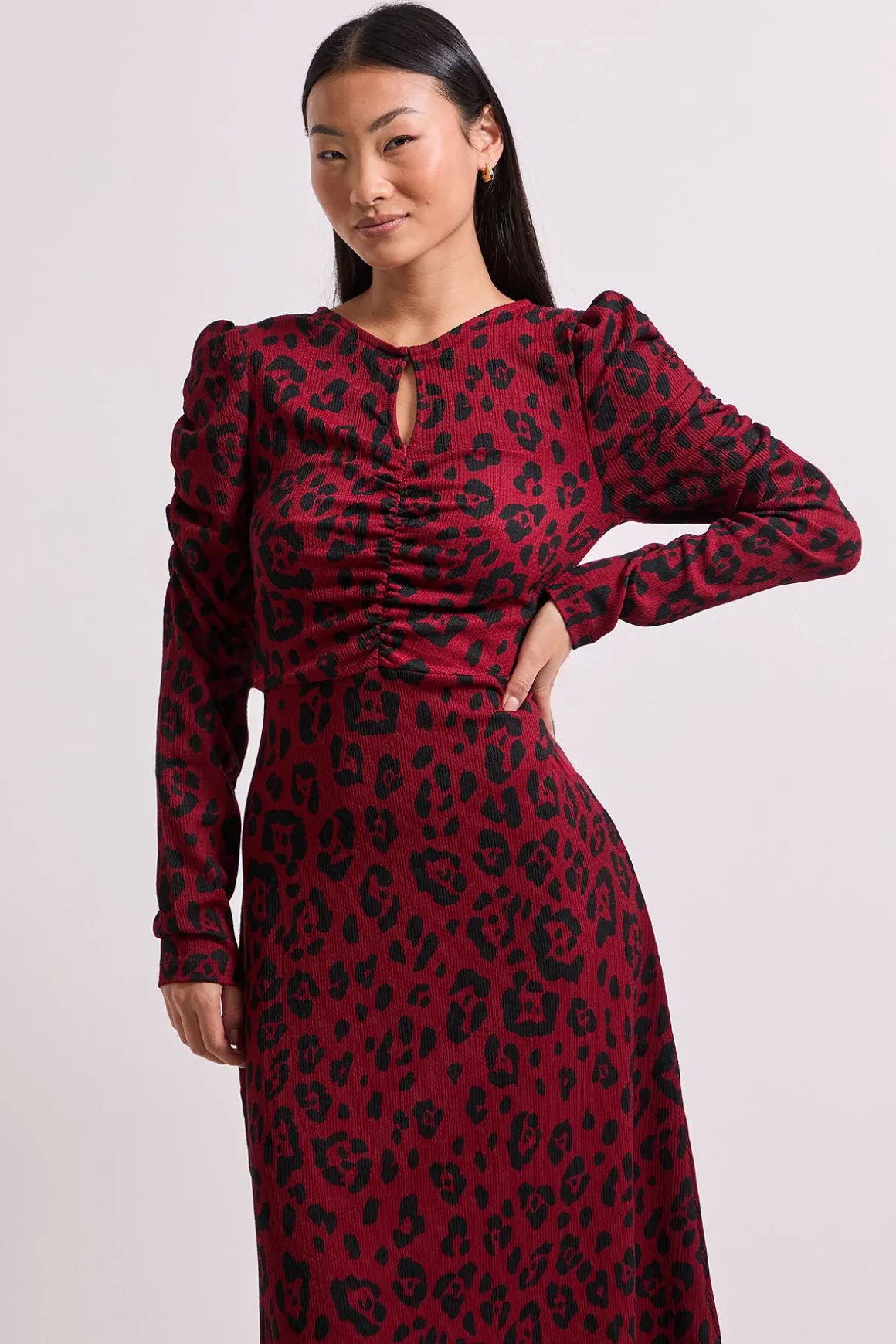Robe Midi Petite Berry Léopard avec Détail Trou de Serrure