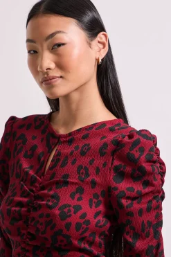 Robe Midi Petite Berry Léopard avec Détail Trou de Serrure
