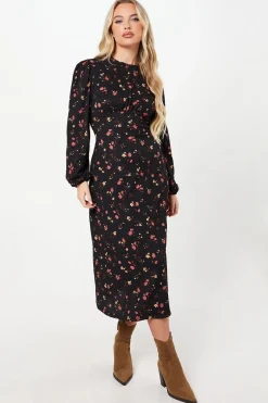 Robe Midi Petite Berry à Motif Fleuri et Volants aux Épaules