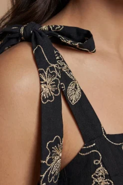 Robe Midi Petite À Bretelles Nouées Et Motif Floral Brodé Métallisé