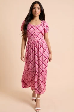 Robe Midi Petite À Carreaux Roses Avec Boutons Devant Manches Bouffantes Et Volants