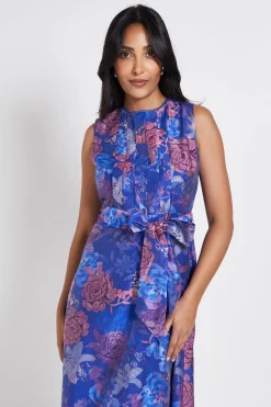 Robe Midi Petite À Ceinture Avec Détails Plissés Floraux