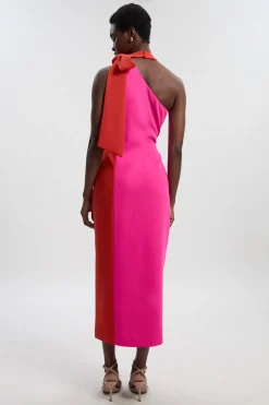 Robe Midi Petite à Col Nœud Papillon et Blocs de Couleur Ajustée Souple