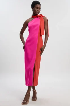 Robe Midi Petite à Col Nœud Papillon et Blocs de Couleur Ajustée Souple