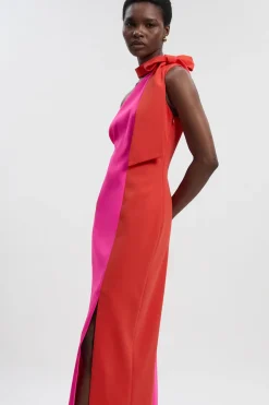 Robe Midi Petite à Col Nœud Papillon et Blocs de Couleur Ajustée Souple