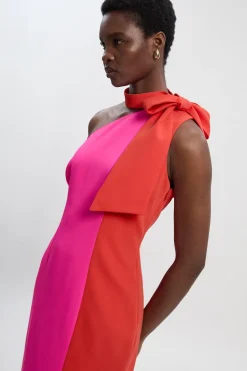 Robe Midi Petite à Col Nœud Papillon et Blocs de Couleur Ajustée Souple
