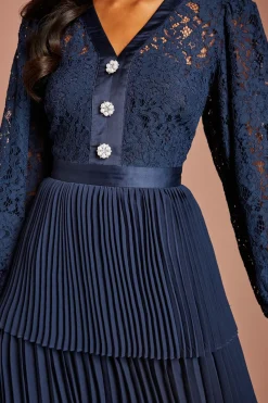 Coast Robe Midi Petite À Col V Avec Corsage En Dentelle À Manches Longues Et Jupe À Volants Étagés<Femme Robes Mi-Longues|Satin Et Dentelle