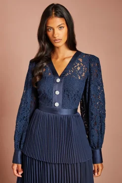 Coast Robe Midi Petite À Col V Avec Corsage En Dentelle À Manches Longues Et Jupe À Volants Étagés<Femme Robes Mi-Longues|Satin Et Dentelle