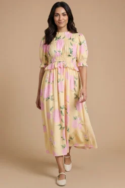 Robe Midi Petite À Corsage Froncé Et Manches Bouffantes