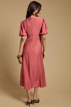 Robe Midi Petite à Corsage Froncé et Manches Bouffantes