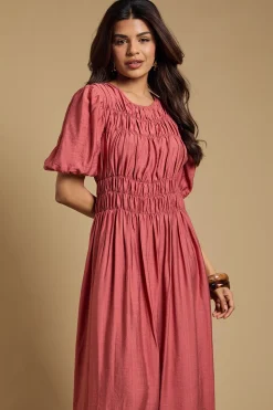 Robe Midi Petite à Corsage Froncé et Manches Bouffantes