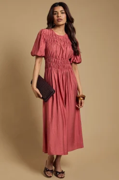 Robe Midi Petite à Corsage Froncé et Manches Bouffantes