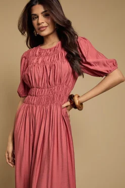 Robe Midi Petite à Corsage Froncé et Manches Bouffantes