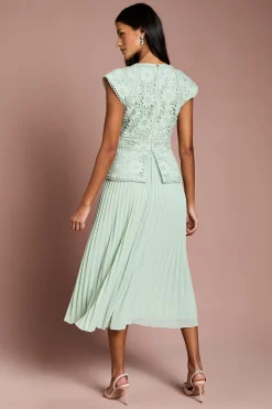 Robe Midi Petite à Décolleté en V avec Corsage en Dentelle et Basque