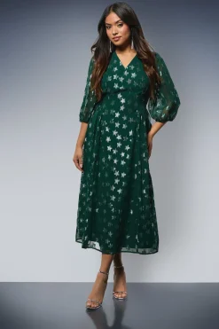 Robe Midi Petite DP Luxe à Motif Étoiles Jacquard Col V et Manches Bouffantes
