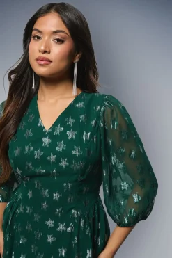 Robe Midi Petite DP Luxe à Motif Étoiles Jacquard Col V et Manches Bouffantes
