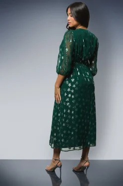 Robe Midi Petite DP Luxe à Motif Étoiles Jacquard Col V et Manches Bouffantes