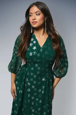 Robe Midi Petite DP Luxe à Motif Étoiles Jacquard Col V et Manches Bouffantes