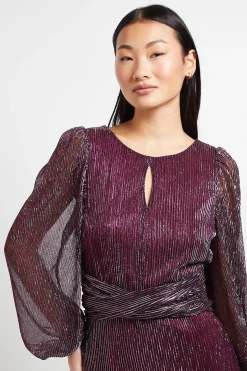 Robe Midi Petite DP Luxe à Paillettes Jersey Plissé avec Détail Torsadé et Ouverture au Col