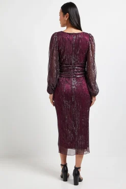 Robe Midi Petite DP Luxe à Paillettes Jersey Plissé avec Détail Torsadé et Ouverture au Col