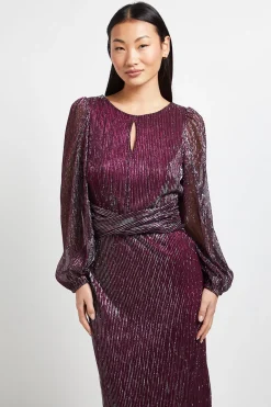 Robe Midi Petite DP Luxe à Paillettes Jersey Plissé avec Détail Torsadé et Ouverture au Col