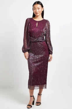 Robe Midi Petite DP Luxe à Paillettes Jersey Plissé avec Détail Torsadé et Ouverture au Col