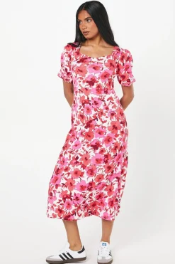 Dorothy Perkins Robe Midi Petite À Encolure Cœur Et Imprimé Rose<Femme Robes|Robes Mi-Longues