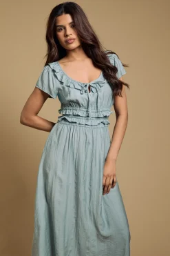 Robe Midi Petite À Encolure Ronde À Volants Et Taille Froncée