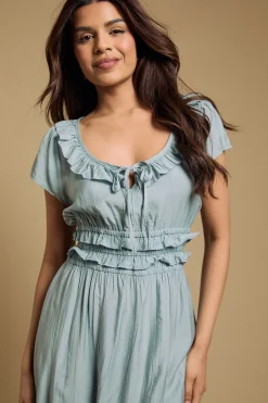Robe Midi Petite À Encolure Ronde À Volants Et Taille Froncée