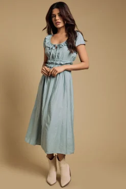 Robe Midi Petite À Encolure Ronde À Volants Et Taille Froncée