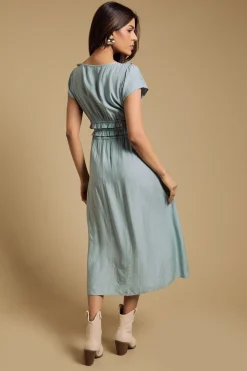 Robe Midi Petite À Encolure Ronde À Volants Et Taille Froncée