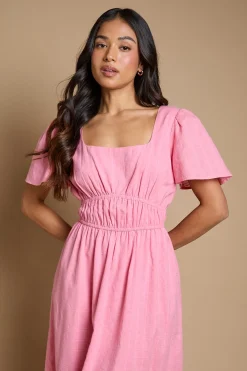 Robe Midi Petite En Coton Dobby Avec Manches Papillon Et Taille Élastiquée