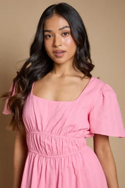 Robe Midi Petite En Coton Dobby Avec Manches Papillon Et Taille Élastiquée