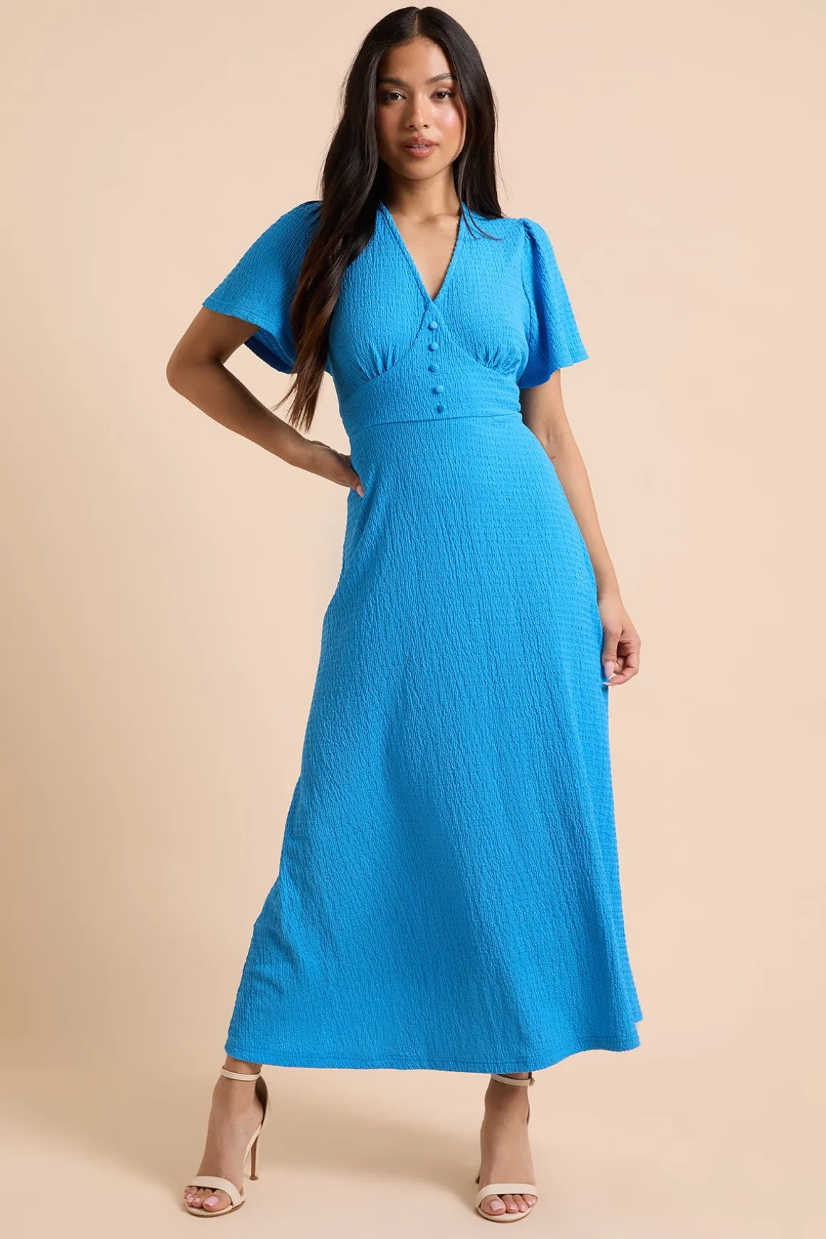 Robe Midi Petite En Jersey Crinkle À Manches Volantées Et Boutonnage Devant