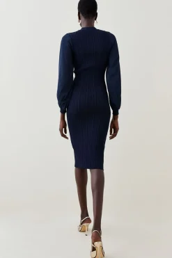 Robe Midi Petite En Maille Côtelée Mélange Viscose Avec Manches En Mousseline