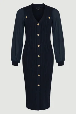Robe Midi Petite En Maille Côtelée Mélange Viscose Avec Manches En Mousseline